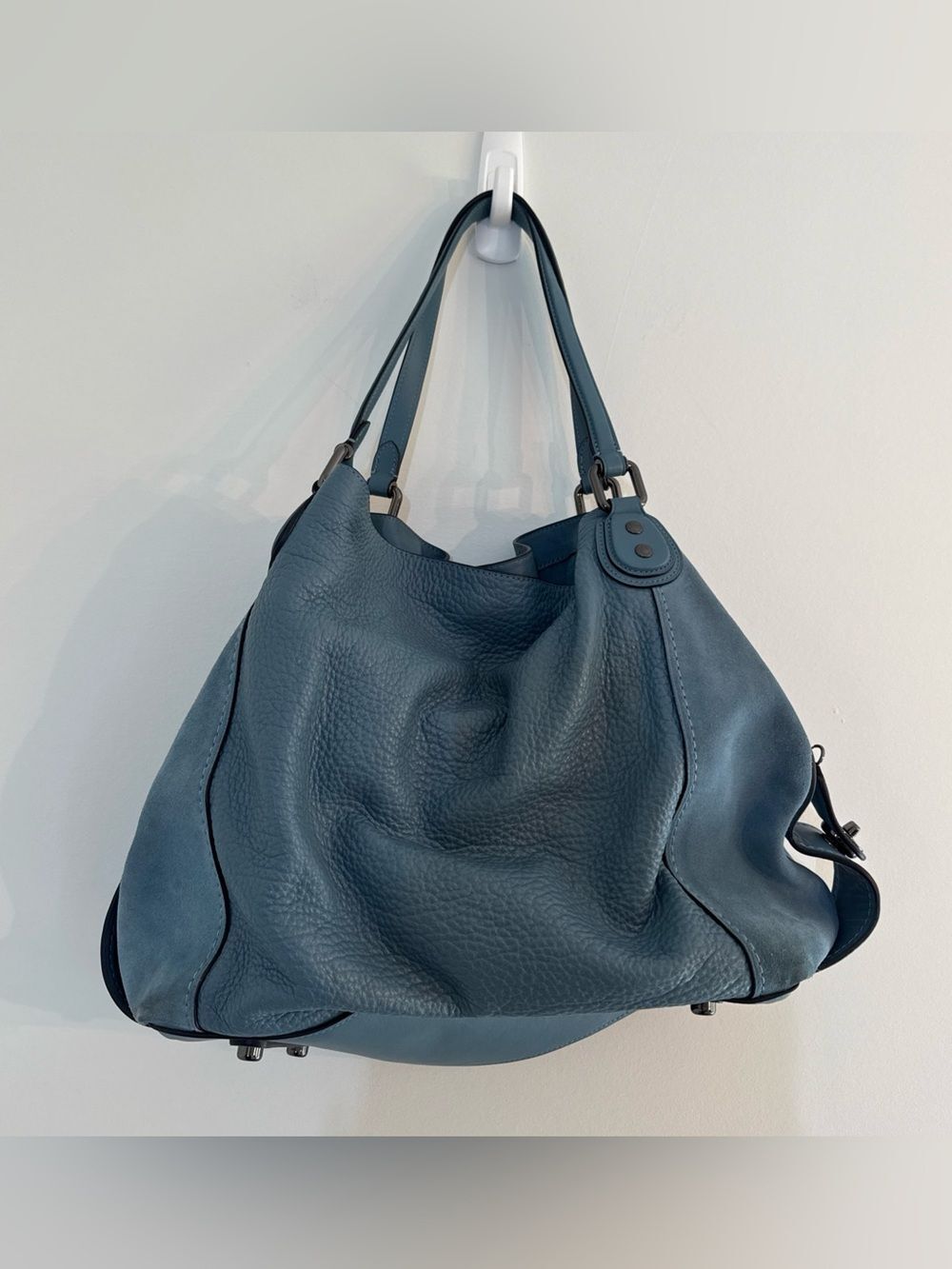 Coach Edie 42 Buffalo-Embossed Mixed Leathers Blue Large Shoulder Bag - Picture 4 of 16